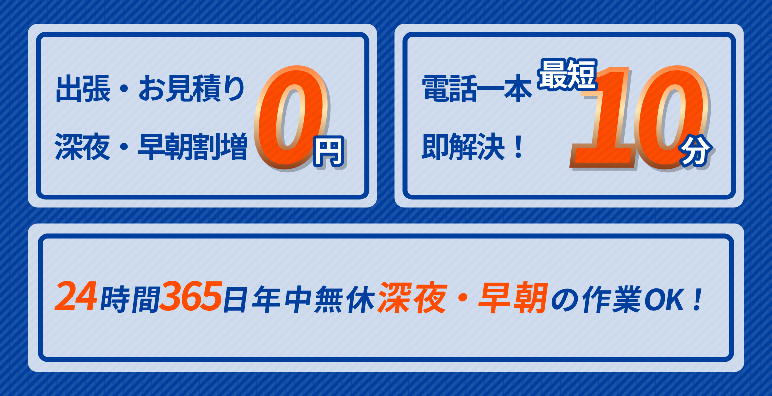 出張お見積り深夜・早朝割り増し0円　電話一本即解決１０分　24時間365日年中無休深夜早朝の作業OK!
